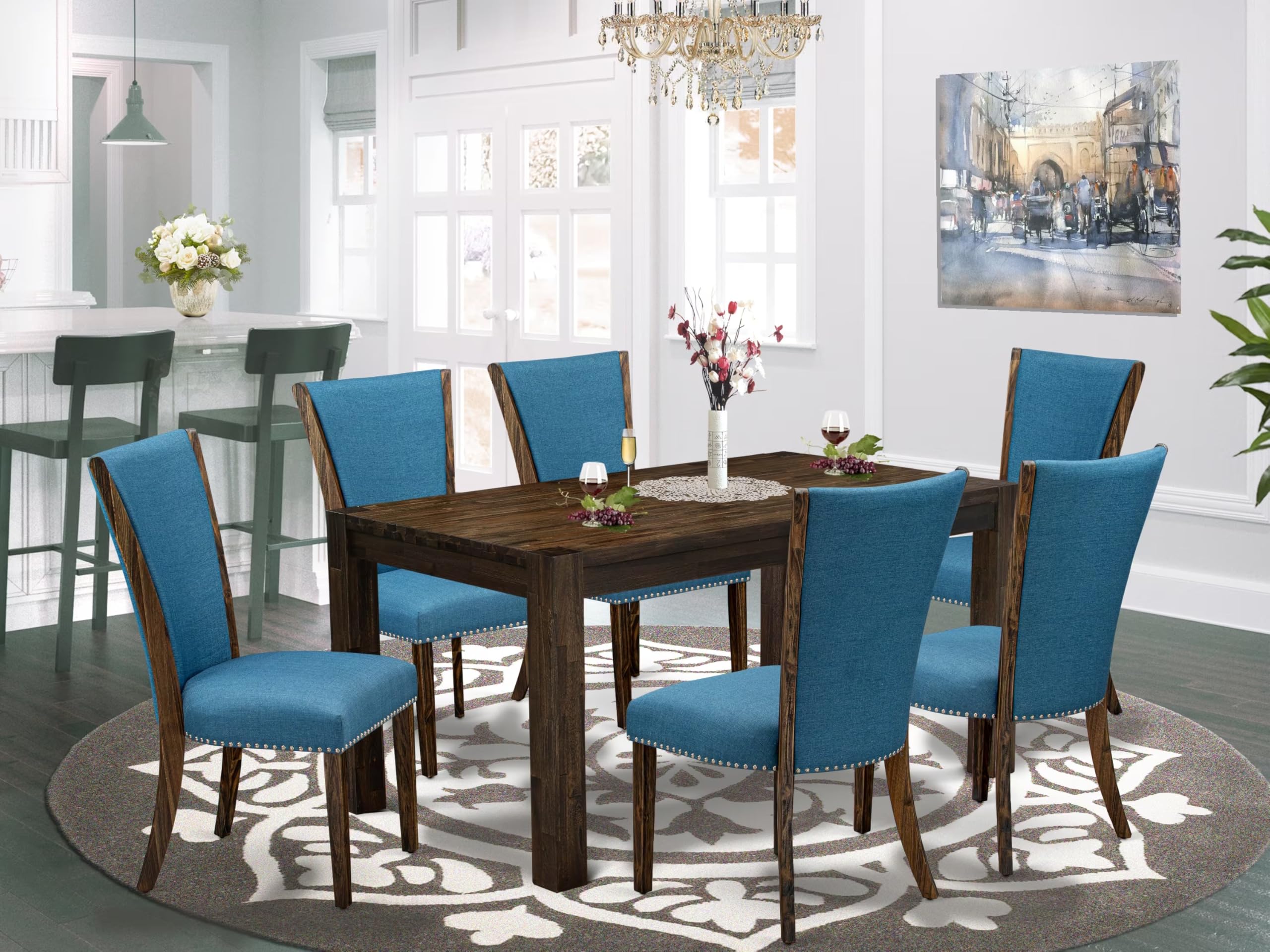 East West Furniture Cnve7-77-21 7 Piece Modern Dining Table Set Consist Of A Rectangle Rustic Wood Wooden Table And 6 Blue Color Linen Fabric Upholstered Chairs, 36X60 Inch, Jacobean